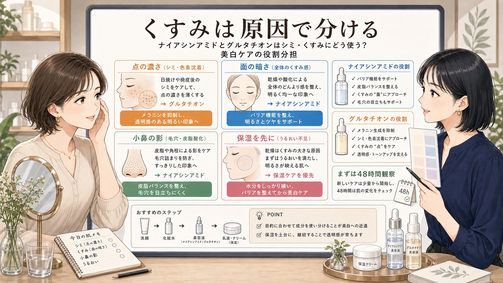 ナイアシンアミドとグルタチオンはシミ・くすみにどう使う?美白ケアの役割分担の図解アイキャッチ