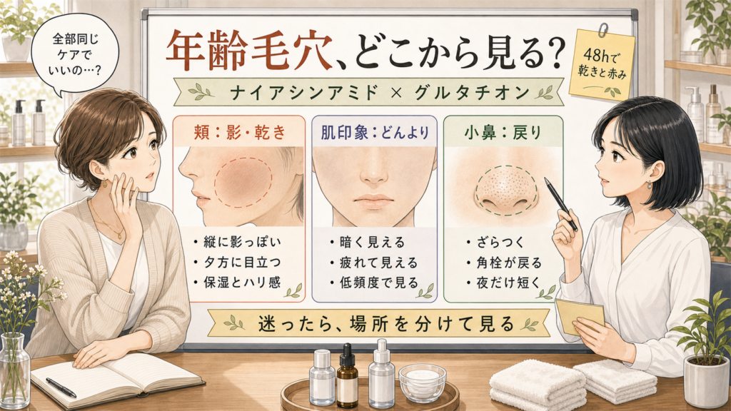 ナイアシンアミドとグルタチオンの年齢毛穴ケア