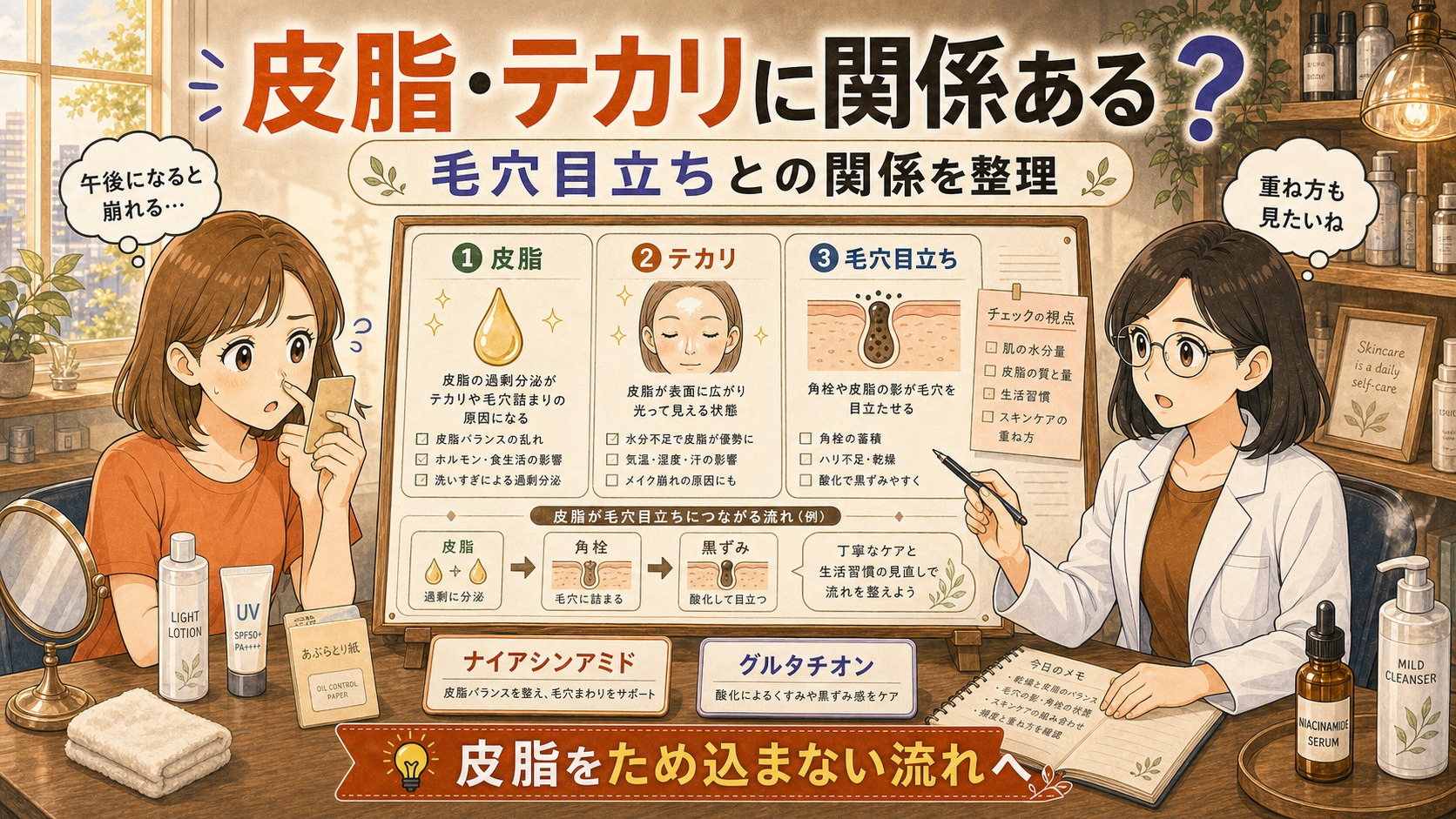 ナイアシンアミドとグルタチオンを皮脂・テカリ・毛穴目立ちの関係で整理するアイキャッチ