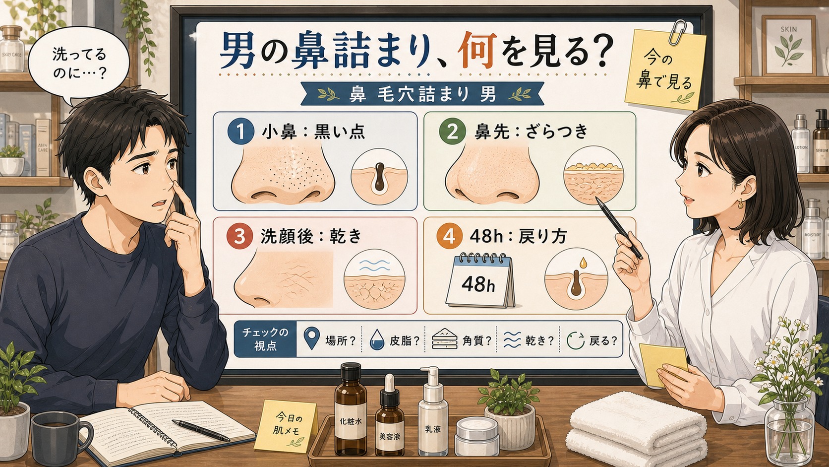 男の鼻毛穴詰まりで小鼻の黒い点、鼻先のざらつき、洗顔後の乾き、48時間の戻り方を整理するアイキャッチ