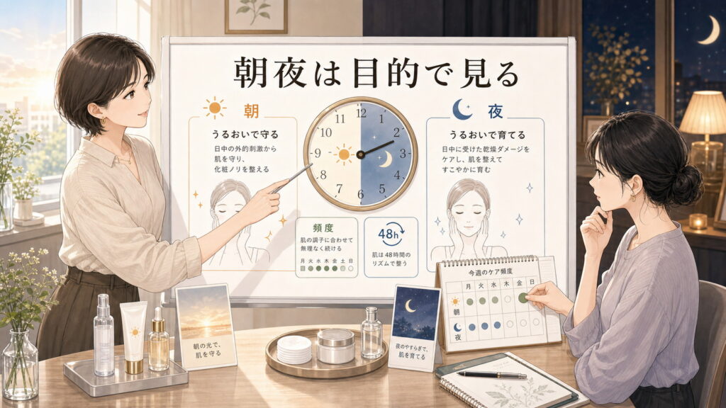 サリチル酸は朝夜どっち？使うタイミングと頻度の考え方を大人向け美容相談ボードで整理したアイキャッチ