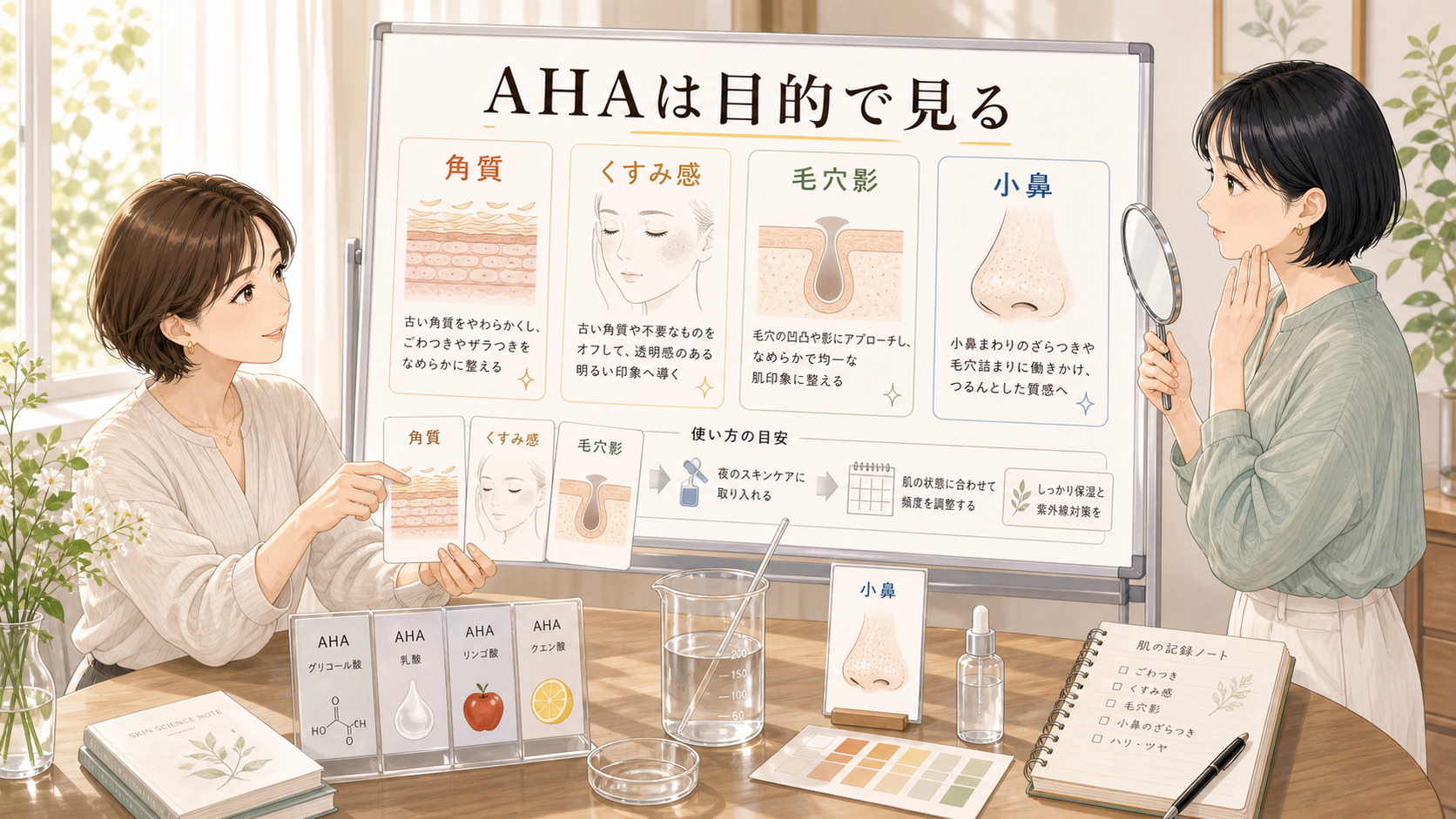 AHAとは?毛穴・角質・くすみケアで期待できる効果を整理を大人向け美容相談ボードで整理したアイキャッチ