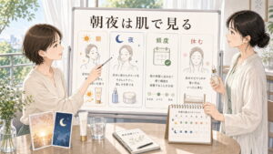 AHAは朝夜どっち？使うタイミングと頻度の考え方を大人向け美容相談ボードで整理したアイキャッチ