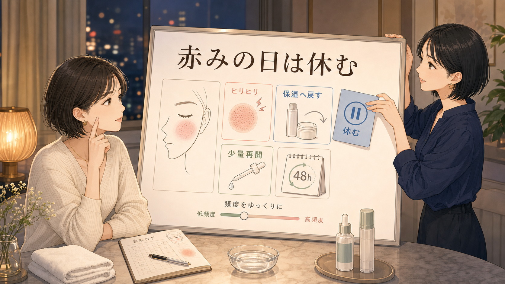 AHAで肌荒れする?赤み・ヒリヒリが出る原因と見直し方を大人向け美容相談ボードで整理したアイキャッチ