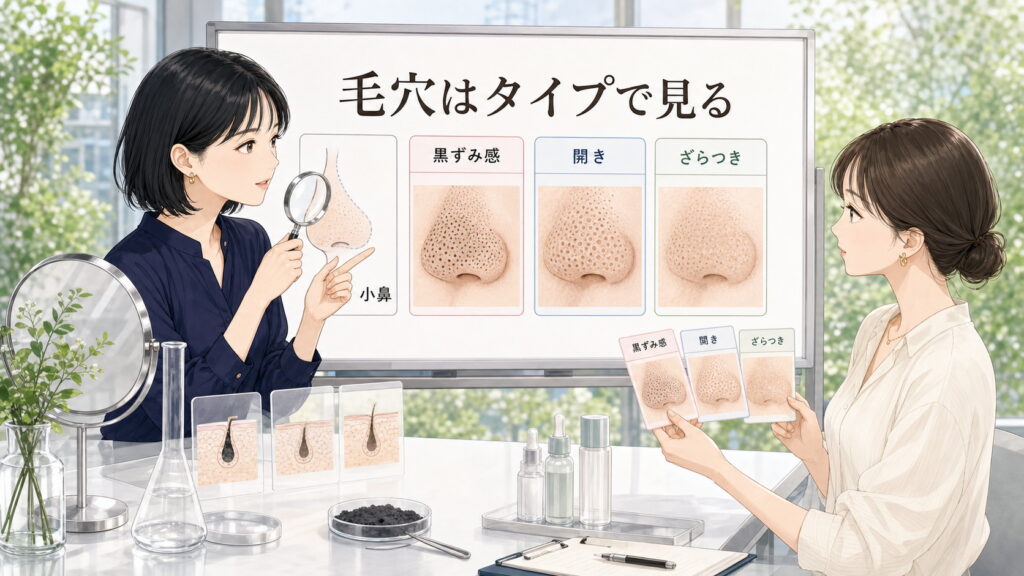 AHAは毛穴に効く？黒ずみ・開き・ざらつきとの関係を解説を大人向け美容相談ボードで整理したアイキャッチ