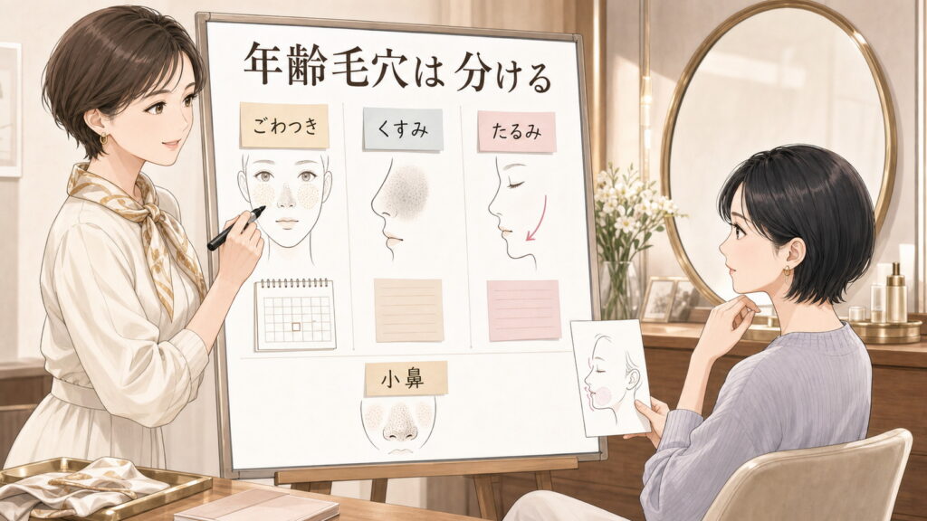 AHAはエイジング毛穴に使える？ごわつき・くすみ・たるみで整理を大人向け美容相談ボードで整理したアイキャッチ