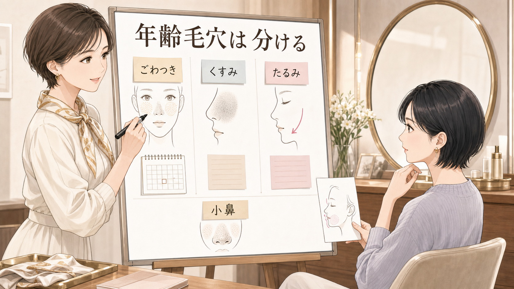 AHAはエイジング毛穴に使える？ごわつき・くすみ・たるみで整理を大人向け美容相談ボードで整理したアイキャッチ