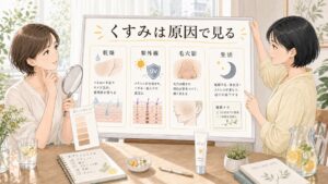 グルタチオンのくすみ原因を乾燥・紫外線・毛穴影・生活で分ける相談イラスト