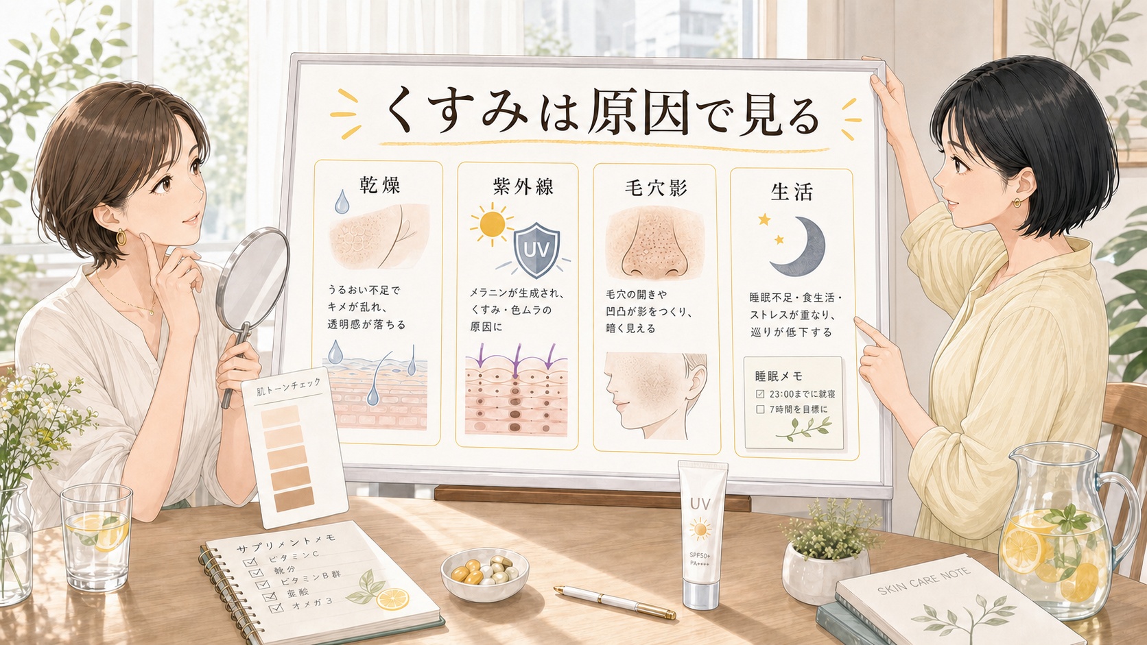 グルタチオンのくすみ原因を乾燥・紫外線・毛穴影・生活で分ける相談イラスト