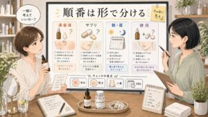 グルタチオンの美容液・サプリ・朝夜・併用を形で分ける相談イラスト