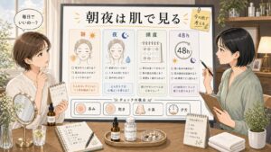 グルタチオンの朝夜・頻度・48時間を肌状態で分ける相談イラスト