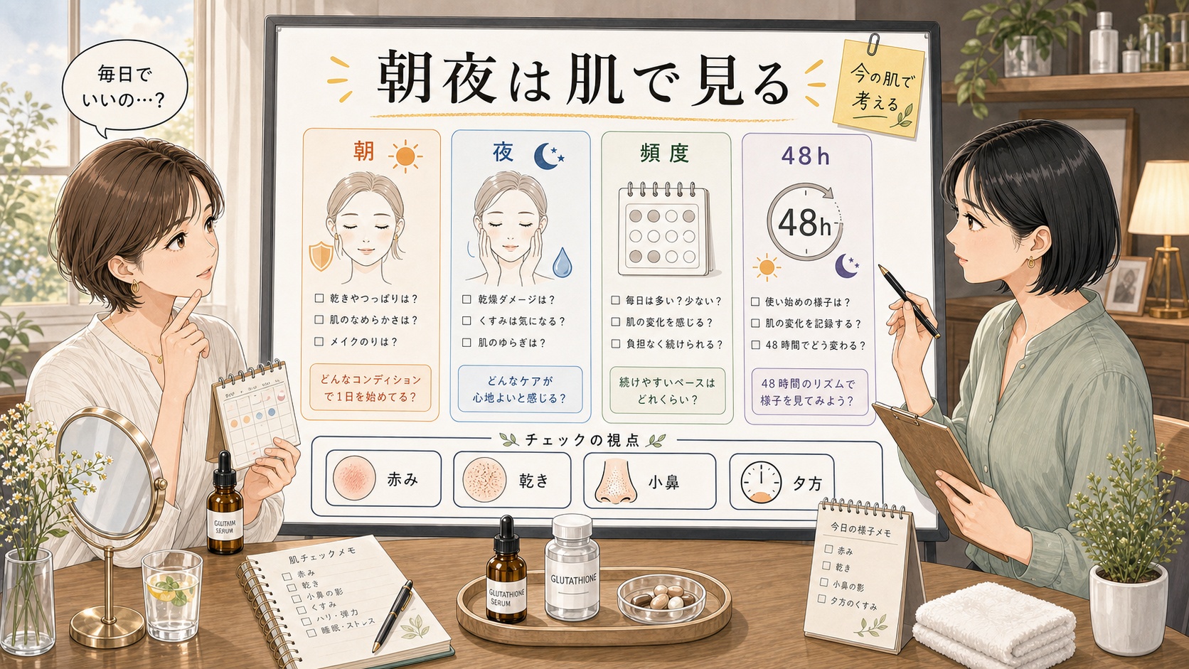 グルタチオンの朝夜・頻度・48時間を肌状態で分ける相談イラスト