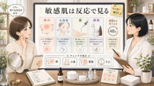 グルタチオンを敏感肌で見る時の赤み・しみる・量・併用を整理する相談イラスト