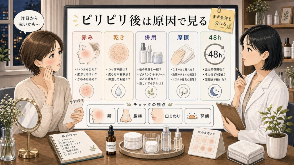 グルタチオン後のピリピリ・赤み・乾き・併用・摩擦を整理する相談イラスト