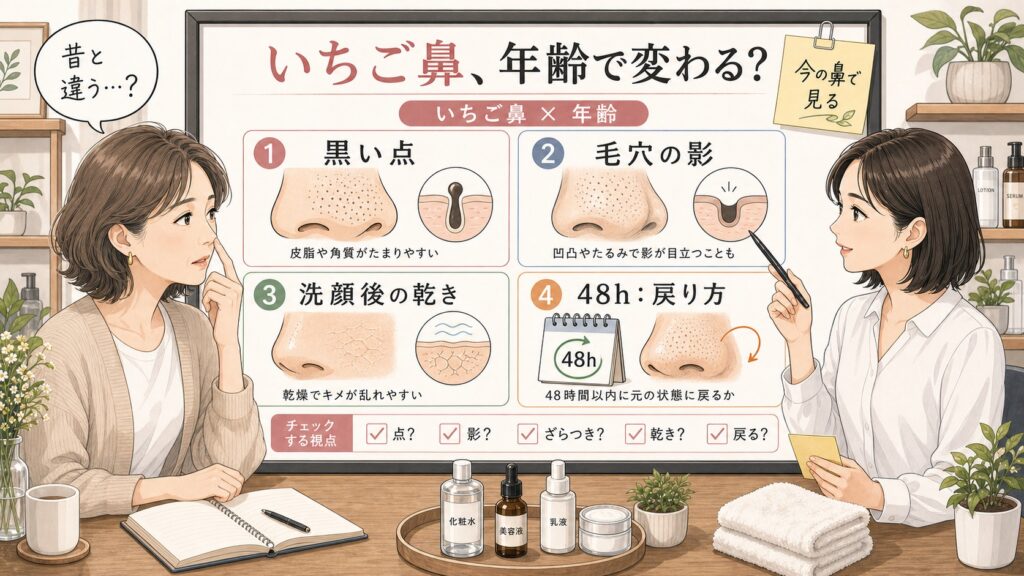 いちご鼻の年齢変化で黒い点、毛穴の影、洗顔後の乾き、48時間の戻り方を整理するアイキャッチ