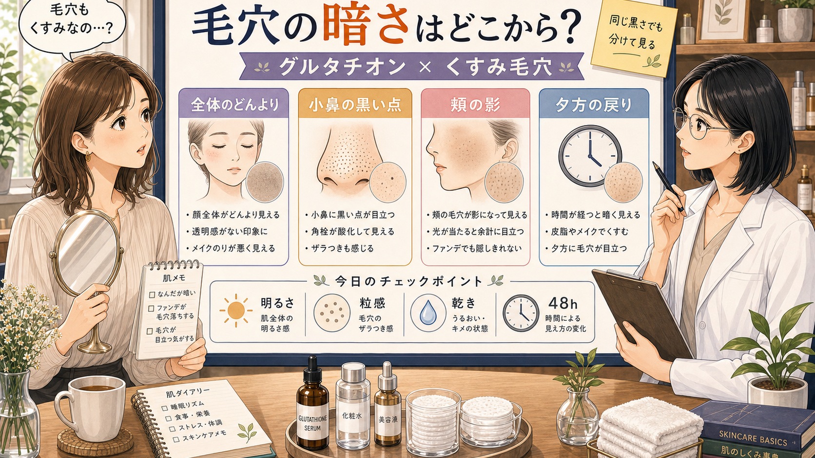 グルタチオンとくすみ毛穴・黒ずみ角栓の見分け方を整理する美容相談アイキャッチ