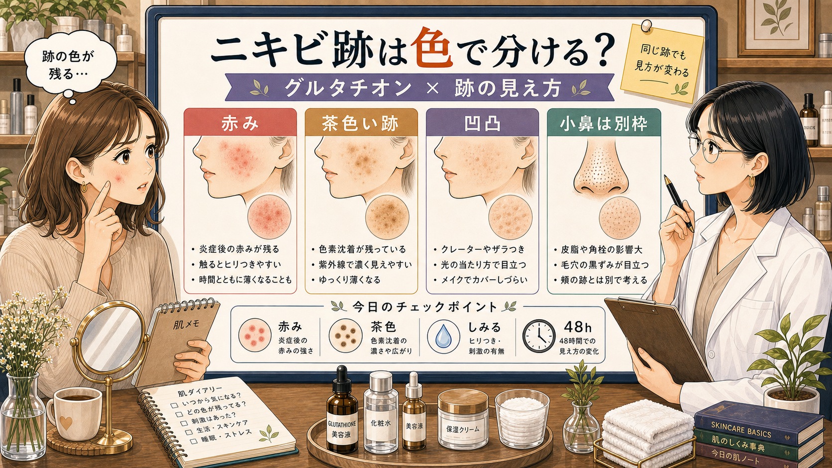 グルタチオンとニキビ跡の赤み・色素沈着・凹凸の見分け方を整理する美容相談アイキャッチ