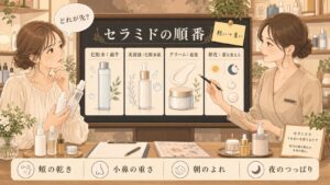 セラミドの化粧水・美容液・クリームの順番を相談するイラスト