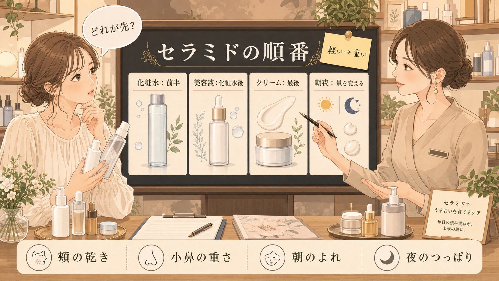 セラミドの化粧水・美容液・クリームの順番を相談するイラスト