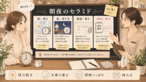 セラミドを朝夜どちらで使うか相談するイラスト