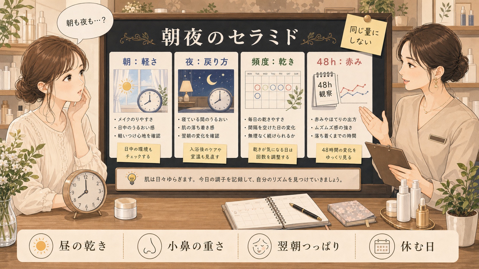セラミドを朝夜どちらで使うか相談するイラスト