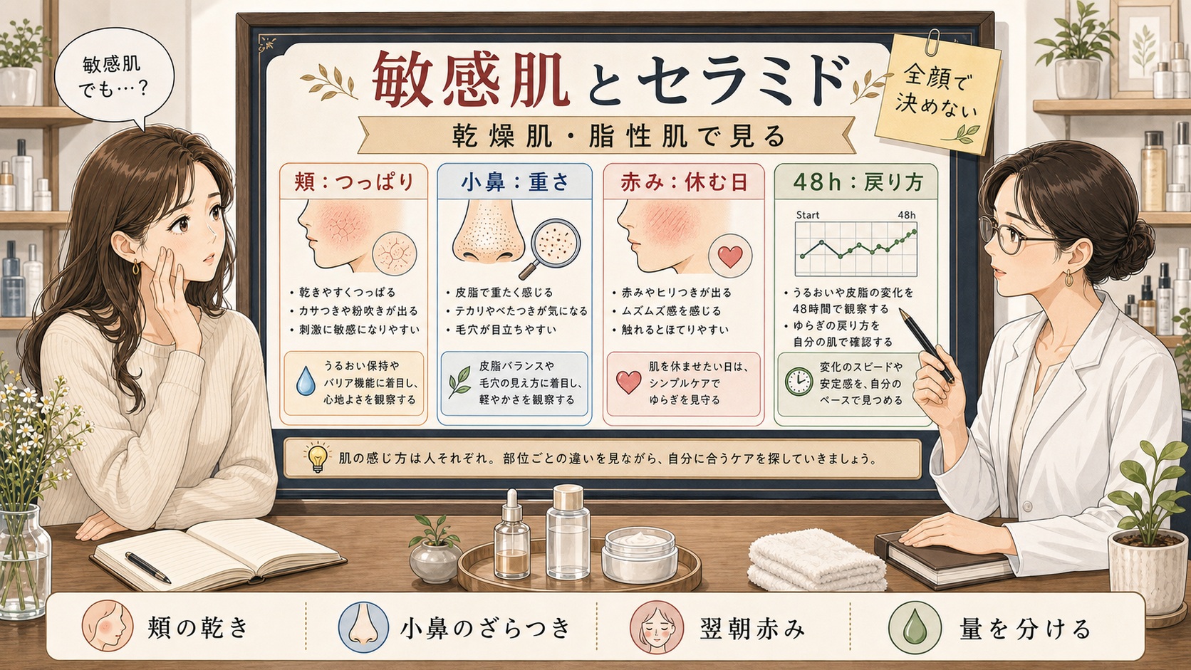 敏感肌とセラミドを乾燥肌・脂性肌で整理する美容相談イラスト