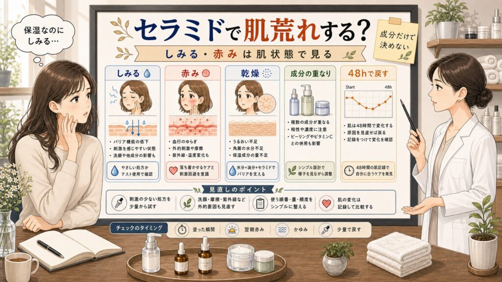 セラミドで肌荒れする時のしみる・赤み・乾燥・成分の重なりを整理する美容相談室イラスト