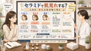 セラミドで肌荒れする時のしみる・赤み・乾燥・成分の重なりを整理する美容相談室イラスト