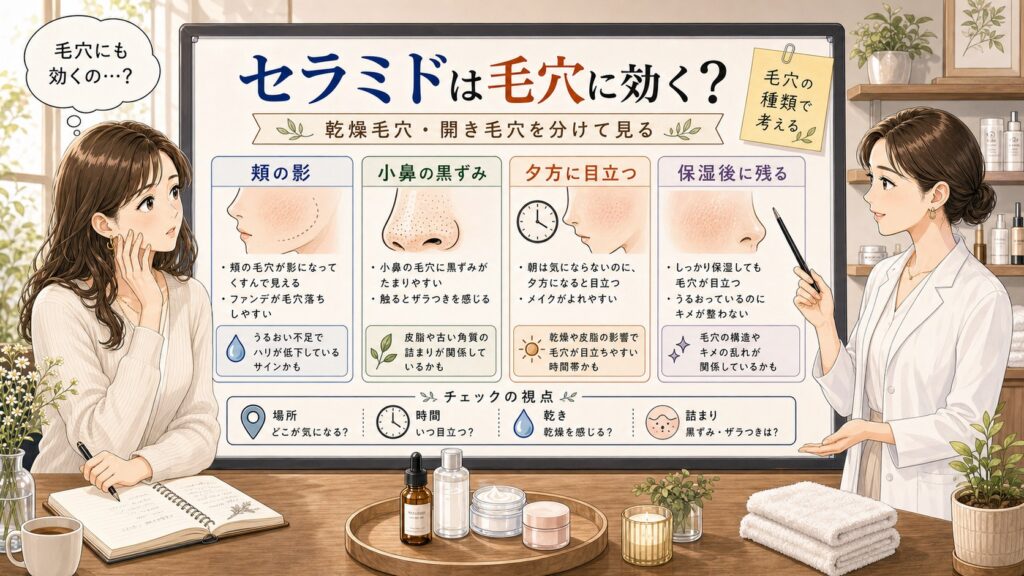 セラミドは毛穴に効く？乾燥毛穴・開き毛穴を分けて見る相談室イラスト