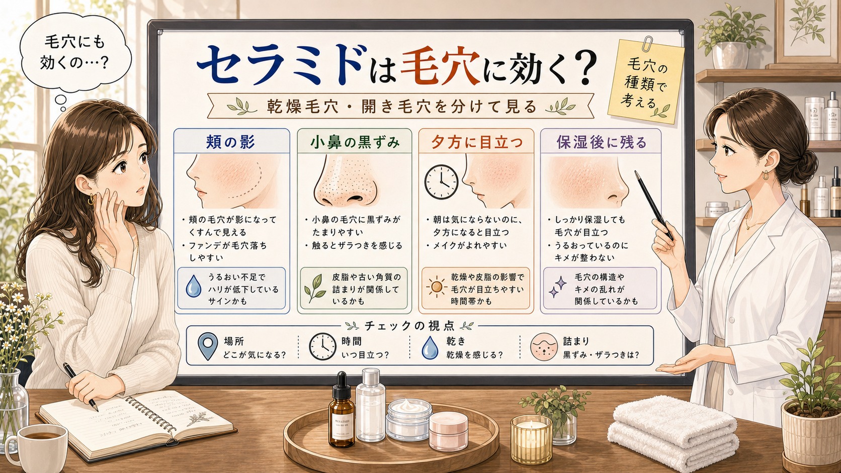 セラミドは毛穴に効く?乾燥毛穴・開き毛穴を分けて見る相談室イラスト