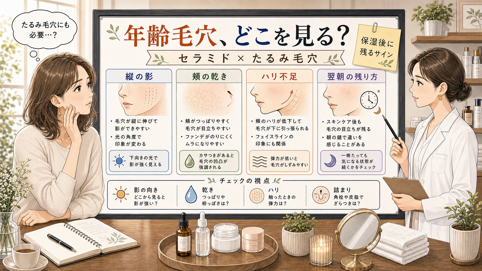 セラミドとエイジング毛穴・たるみ毛穴を整理する相談室イラスト