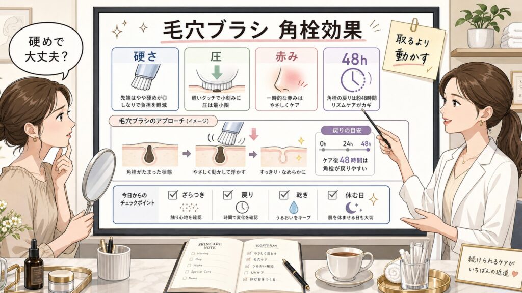 毛穴ブラシの角栓効果を硬さ 圧 赤み 48時間で整理する美容メディア風イラスト