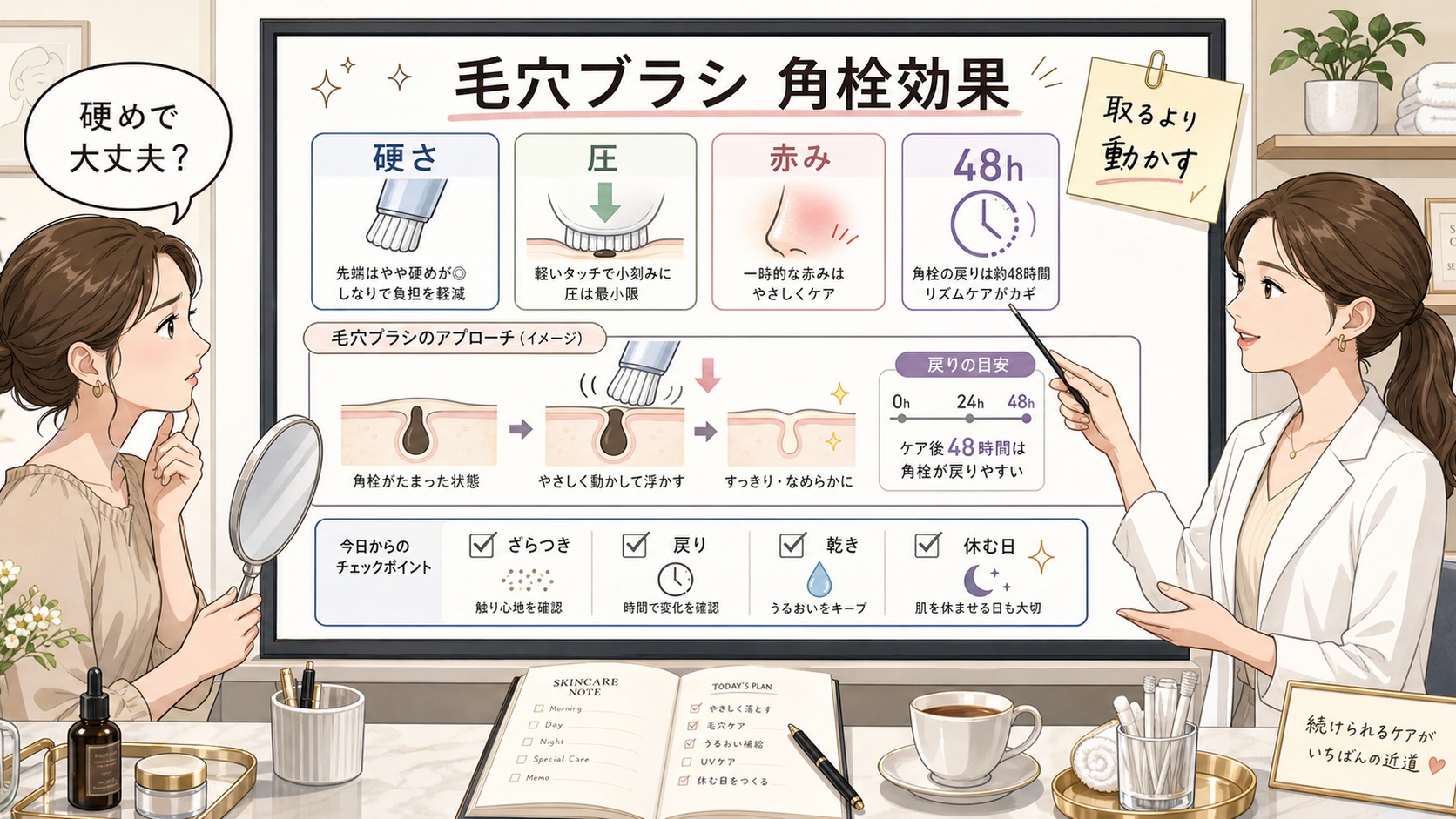 毛穴ブラシの角栓効果を硬さ 圧 赤み 48時間で整理する美容メディア風イラスト