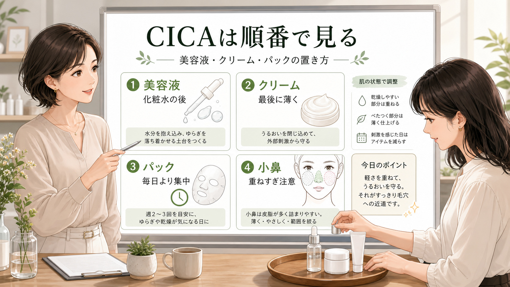 CICAの使い方と順番は？美容液・クリーム・パックの使い分けの図解アイキャッチ