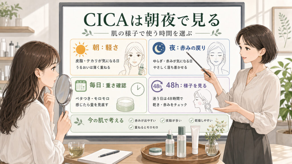 CICAは朝夜どっち？赤み・鎮静ケアのタイミングの図解アイキャッチ