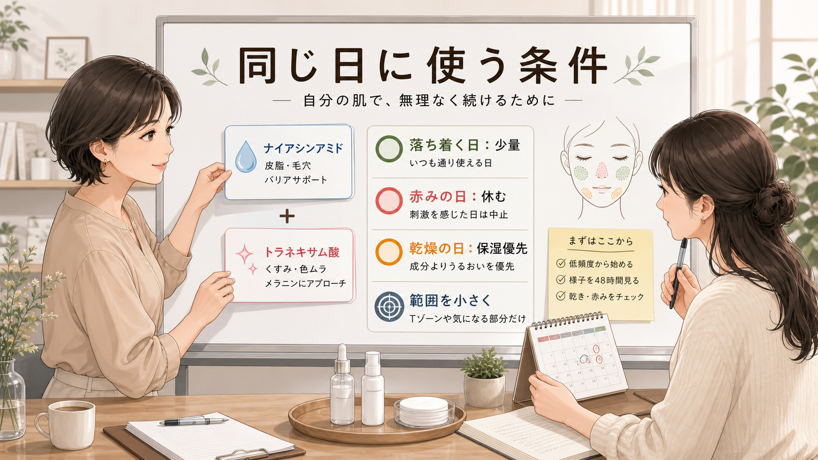 ナイアシンアミドとトラネキサム酸は同じ日に使える？併用できる条件と注意点の図解アイキャッチ