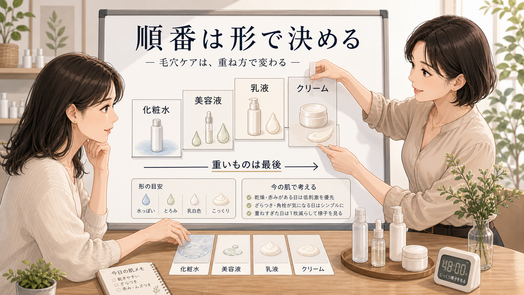 ナイアシンアミドとトラネキサム酸はどっちが先？化粧水・美容液・クリームの順番の図解アイキャッチ