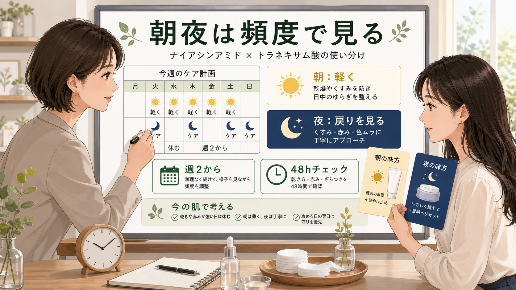 ナイアシンアミドとトラネキサム酸は朝夜で分けるべき？使うタイミングと頻度の図解アイキャッチ