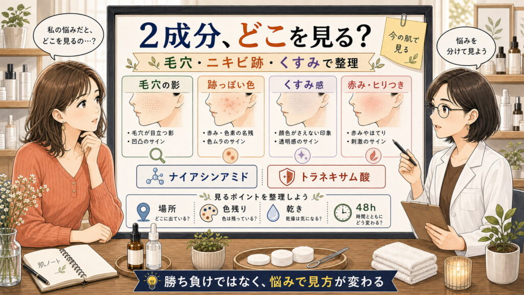 ナイアシンアミドとトラネキサム酸を毛穴・ニキビ跡・くすみで整理するアイキャッチ