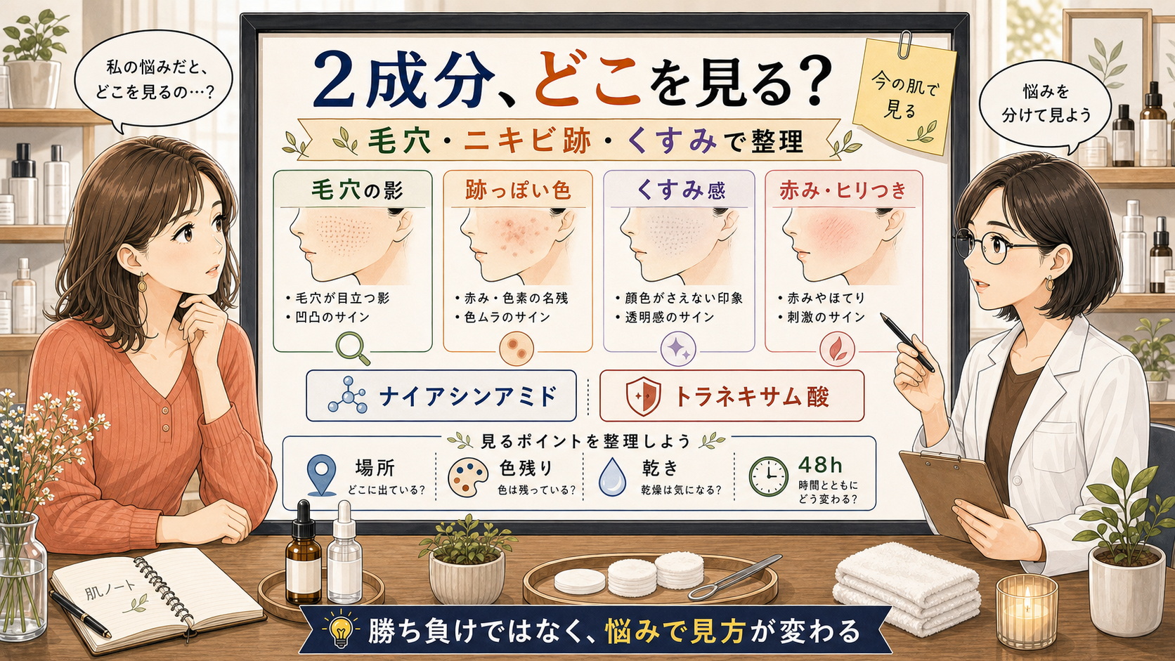 ナイアシンアミドとトラネキサム酸を毛穴・ニキビ跡・くすみで整理するアイキャッチ