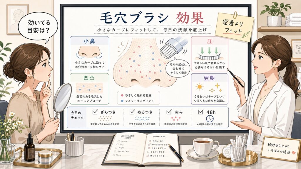 毛穴ブラシの効果を小鼻の凹凸フィットと戻り方で整理する美容メディア風イラスト
