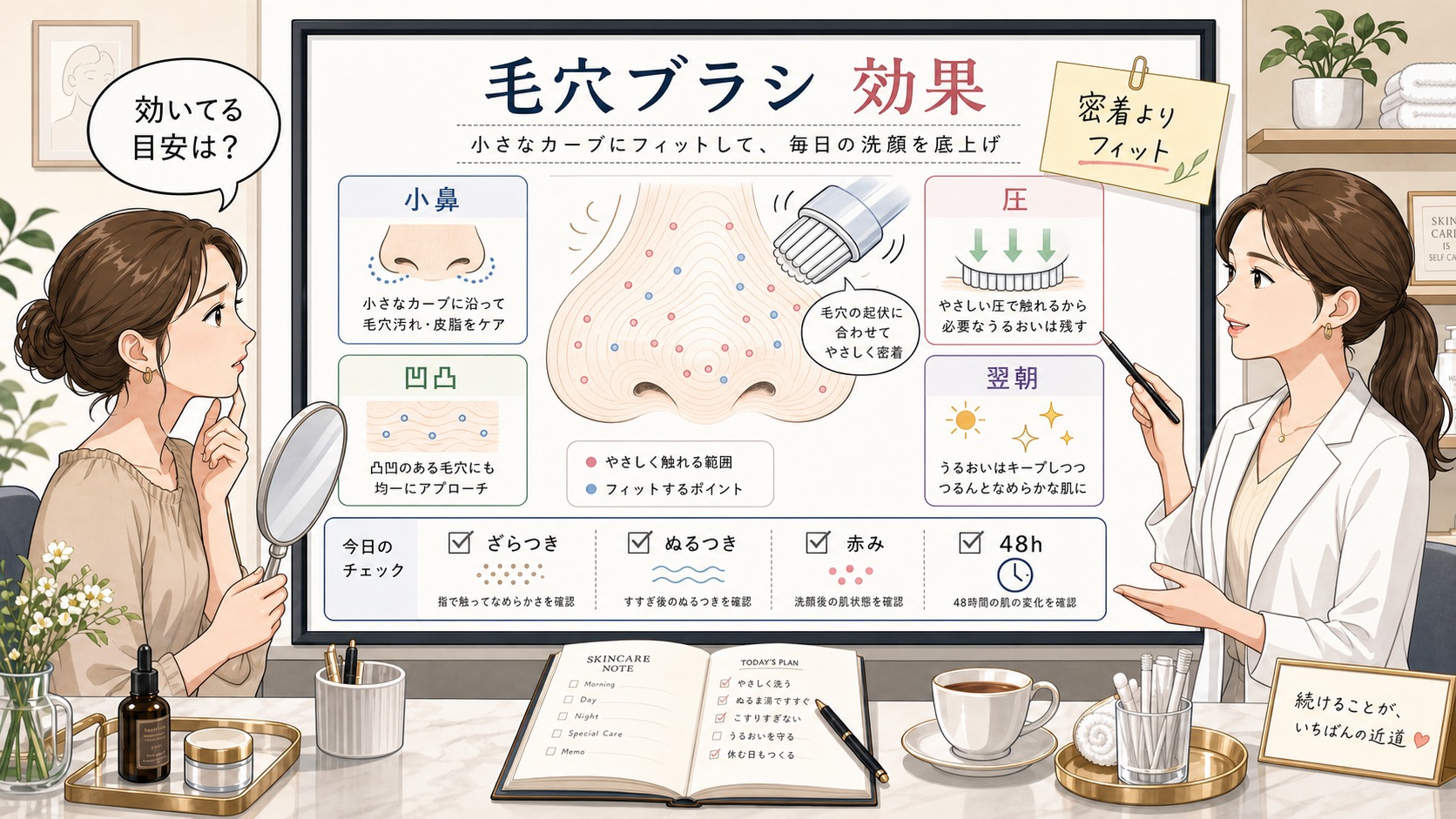毛穴ブラシの効果を小鼻の凹凸フィットと戻り方で整理する美容メディア風イラスト