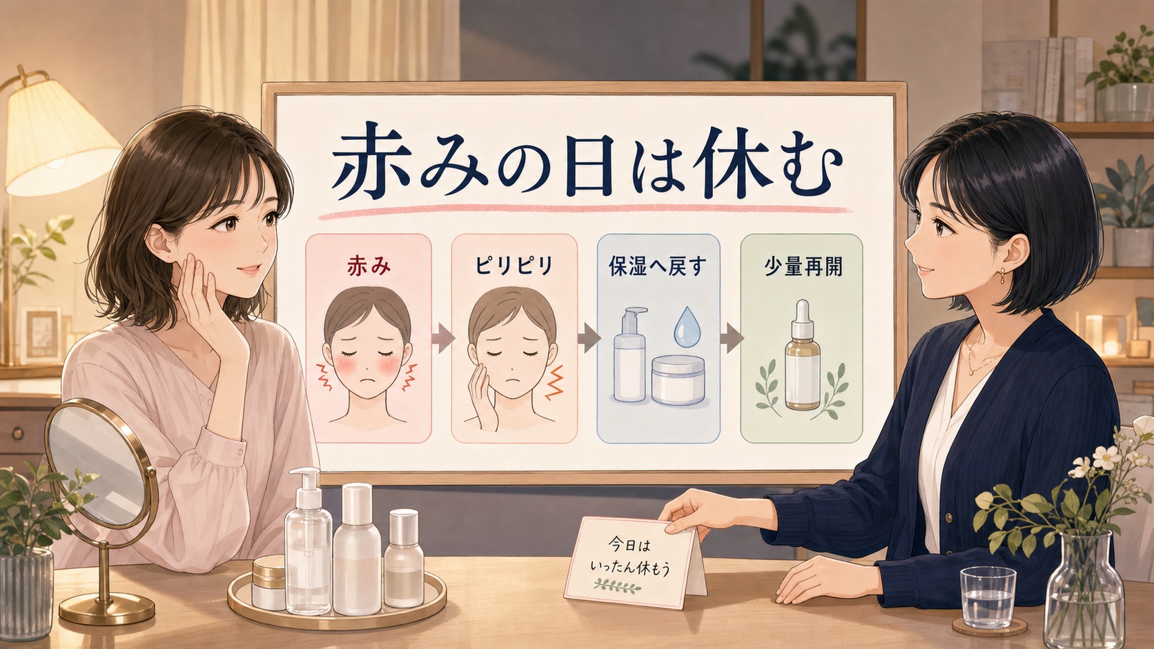 ナイアシンアミドとトラネキサム酸で赤みが出る時の見直し方を大人向け美容相談ボードで整理したアイキャッチ