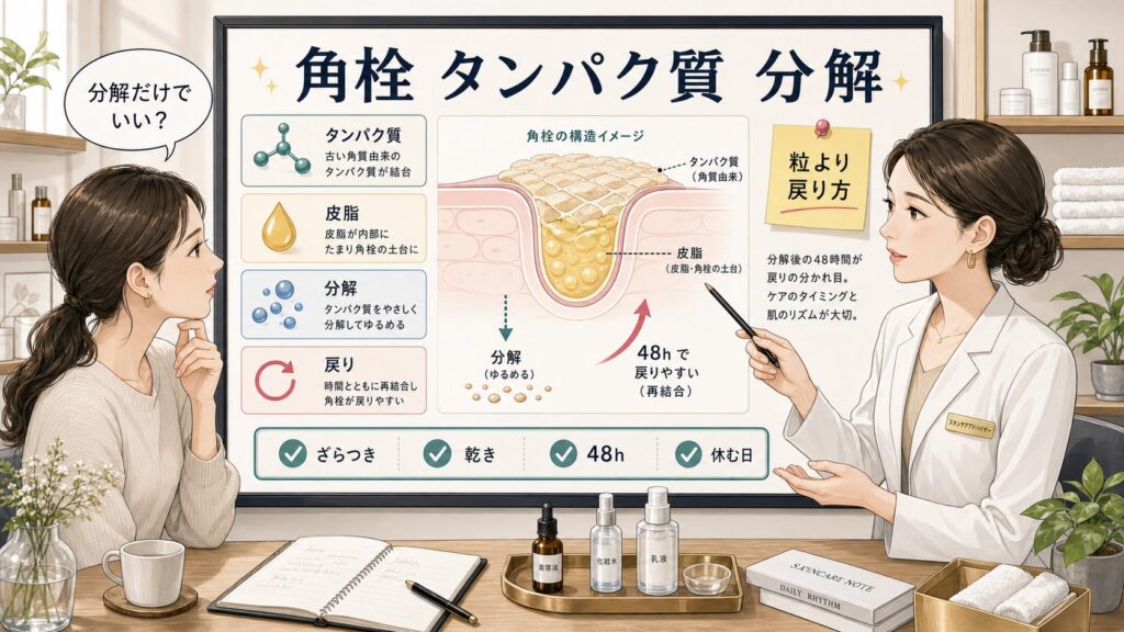 角栓のタンパク質分解と皮脂や戻り方を整理する美容メディア風イラスト