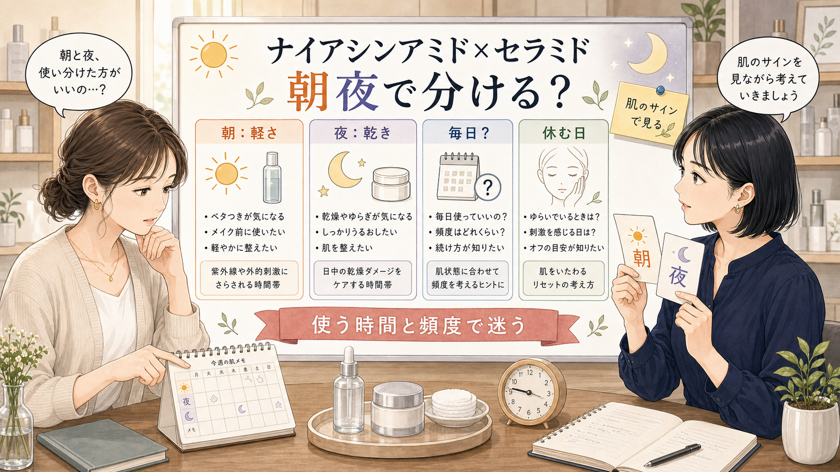 ナイアシンアミドとセラミドは朝夜で分けるべき？使うタイミングと頻度の考え方のアイキャッチ画像