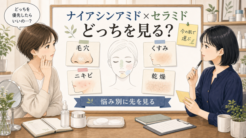 ナイアシンアミドとセラミドはどっちがいい？毛穴・ニキビ・くすみ悩み別に比較のアイキャッチ画像