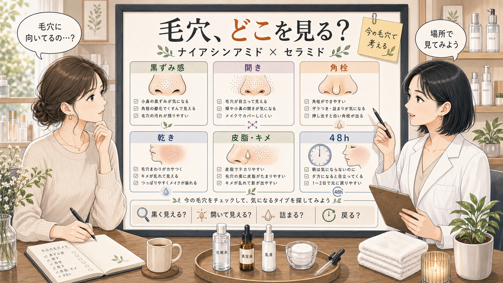 ナイアシンアミドとセラミドを毛穴悩み別に整理する相談ボード
