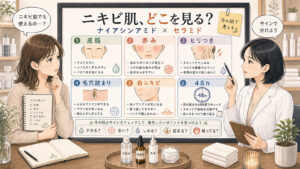 ナイアシンアミドとセラミドをニキビ肌の皮脂赤み毛穴詰まり別に整理する相談ボード
