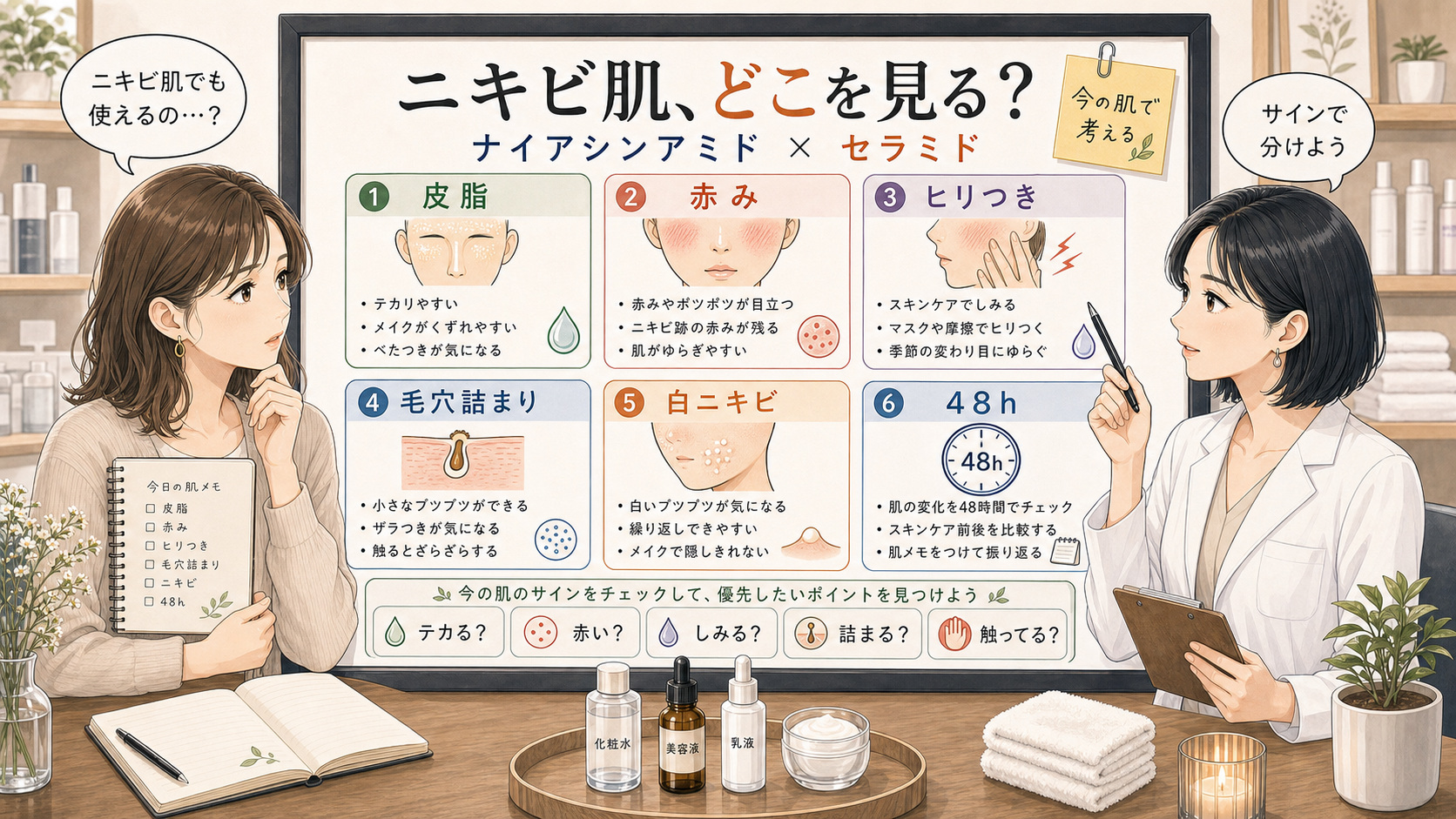 ナイアシンアミドとセラミドをニキビ肌の皮脂赤み毛穴詰まり別に整理する相談ボード