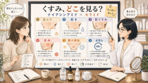 ナイアシンアミドとセラミドをシミくすみの色ムラ乾き影ぐすみ別に整理する相談ボード
